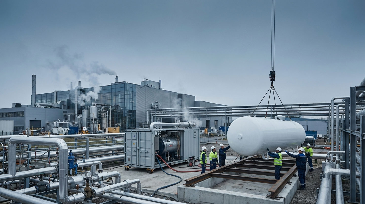 Unité de chauffage mobile au propane installée temporairement dans un atelier de production en activité, opérateur surveillant les paramètres