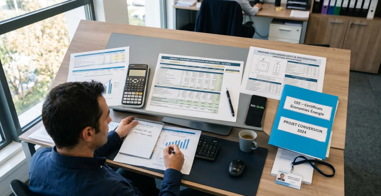Bureau de responsable énergie avec documents budgétaires de conversion, dossier CEE et tableaux de calcul ROI étalés sur table de travail