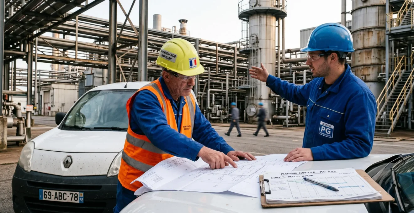 Responsable maintenance et installateur certifié coordonnant les étapes du projet de conversion sur un site industriel, plans techniques déroulés