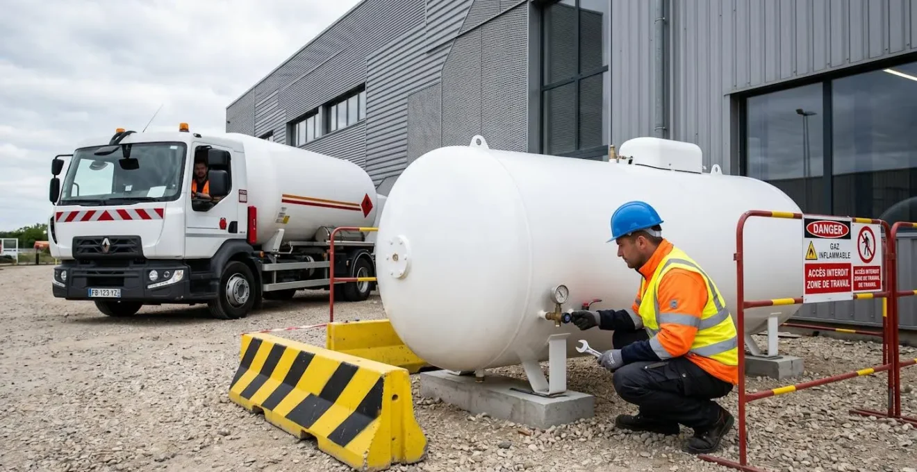 Technicien certifié inspectant une grande citerne de propane blanche lors de son installation sur un site industriel français, camion de livraison spécialisé visible en arrière-plan