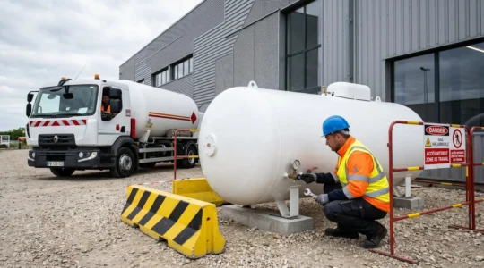 Technicien certifié inspectant une grande citerne de propane blanche lors de son installation sur un site industriel français, camion de livraison spécialisé visible en arrière-plan