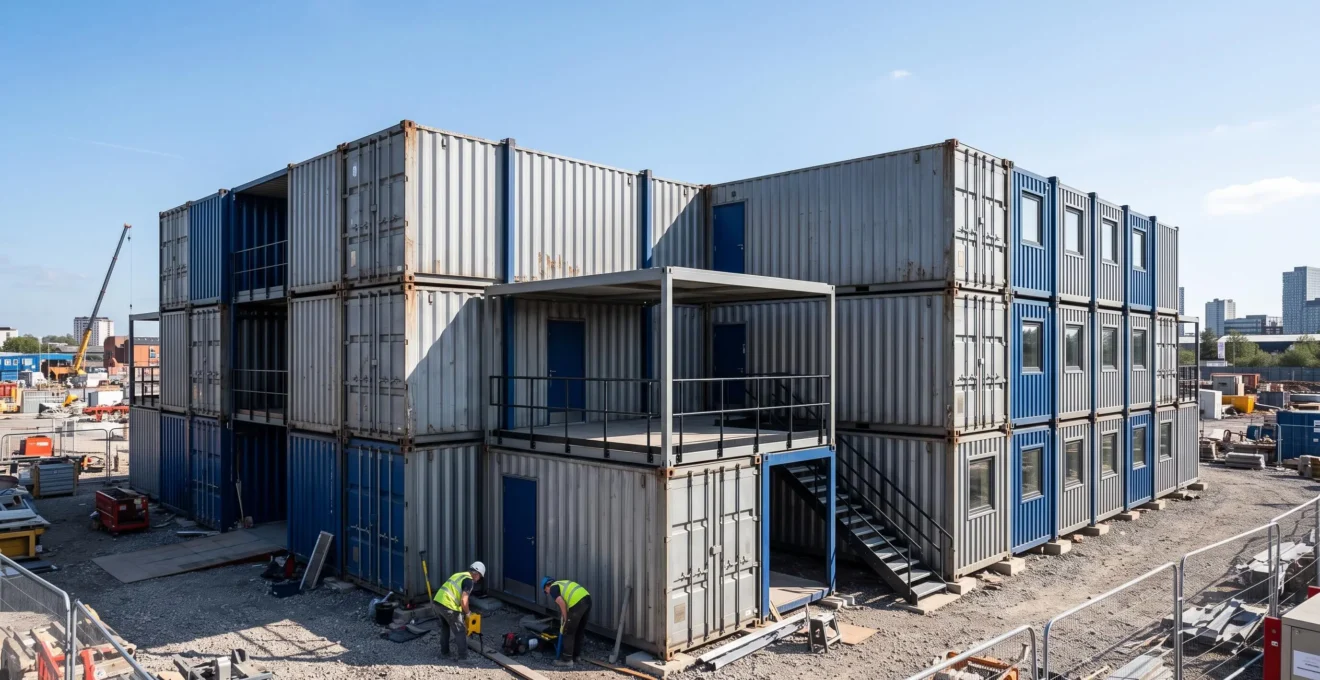 Plusieurs conteneurs maritimes assemblés en configuration modulaire montrant les possibilités d'agencement vertical et horizontal.