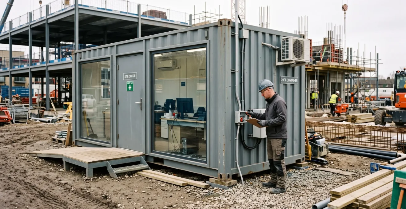 Conteneur maritime aménagé en espace de travail professionnel installé sur un chantier, avec un professionnel inspectant la structure.