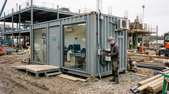Conteneur maritime aménagé en espace de travail professionnel installé sur un chantier, avec un professionnel inspectant la structure.