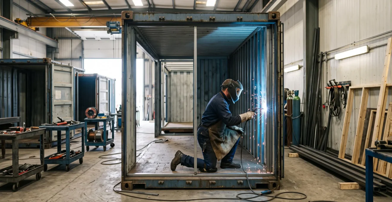 Professionnel travaillant sur la transformation d'un conteneur maritime dans un atelier industriel, illustrant le processus de réutilisation.