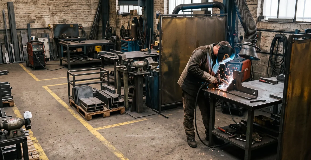 Soudeur travaillant dans un atelier de 60 m² organisé en trois zones distinctes : découpe, préparation et soudage.