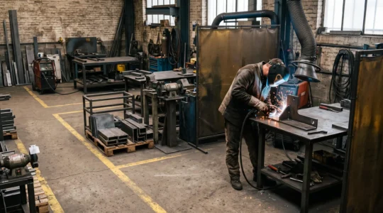 Soudeur travaillant dans un atelier de 60 m² organisé en trois zones distinctes : découpe, préparation et soudage.