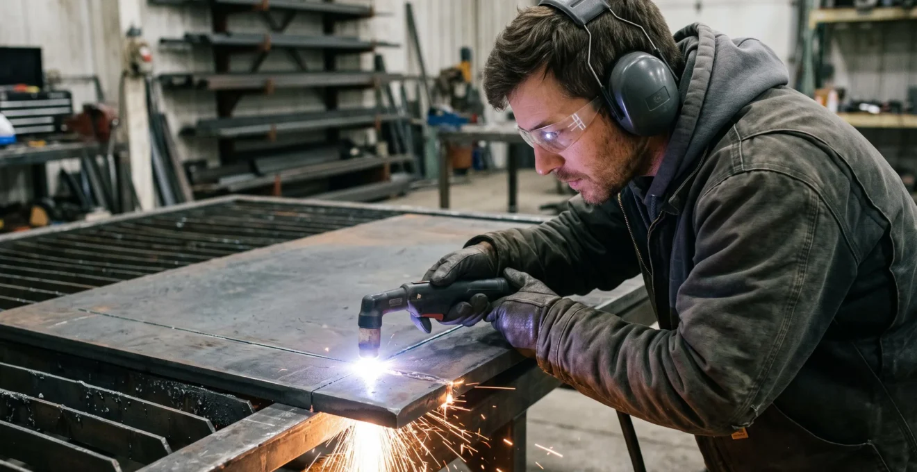 Mains d'un opérateur guidant un chalumeau plasma le long d'une ligne de coupe sur une tôle d'acier posée sur une table de découpe.