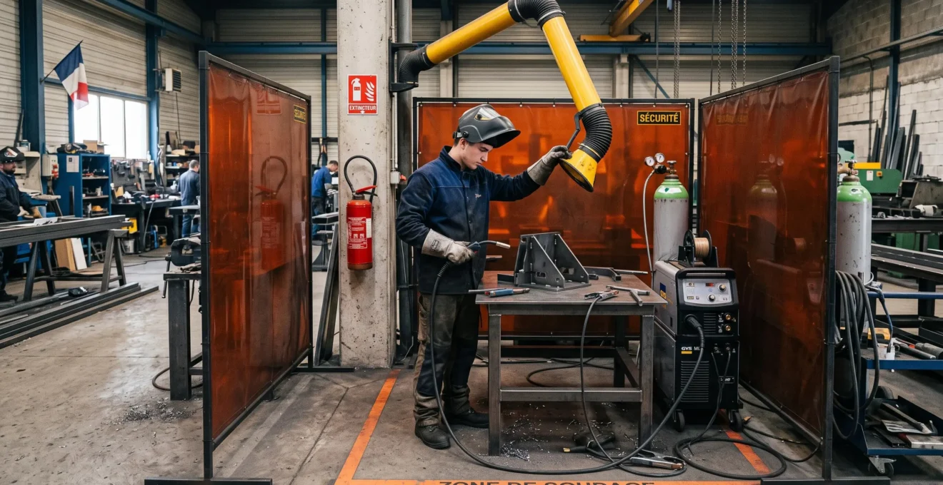 Apprenti ajustant un bras d'extraction de fumées au-dessus d'un poste de soudage entouré d'écrans de protection.